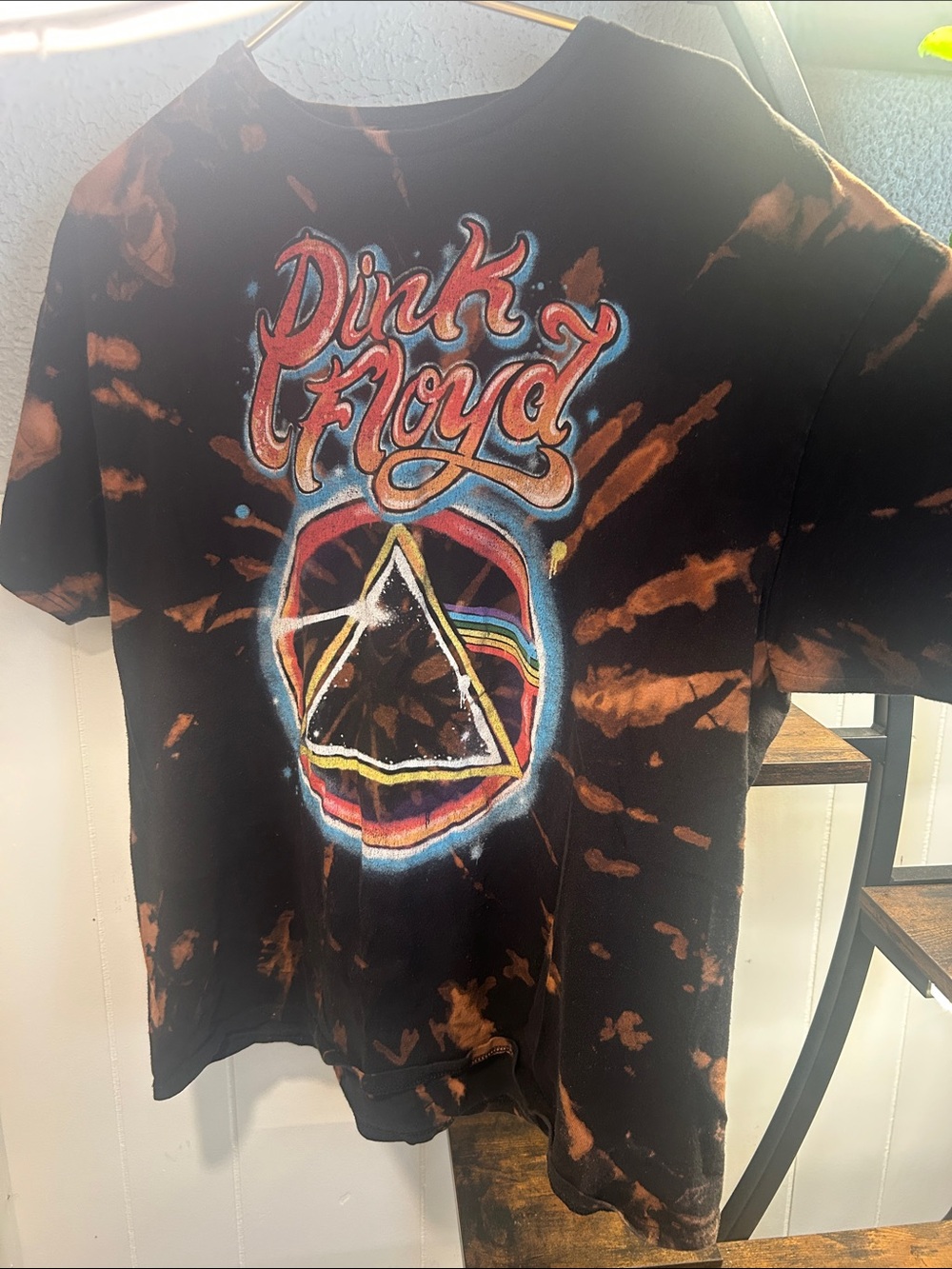 Pink Floyd Black Tee Bleach Dyed with Orange and Rainbow Prism - Picture 1 of 3